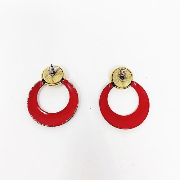 Monet Open Circle Dangle Earrings Gold Tone Red Enamel Nautical Star Round - Picture 7 of 7